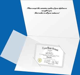 Inside of Presentation Folder where miniature diploma is mounted